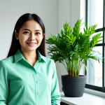 A serene Malaysian professional in a modest business casual outfit, standing in a bright, contemporary home office. They are gently observing a vibrant, well-tended potted plant with a calm, confident expression, symbolizing growth and long-term investment. Soft natural light streams through a large window, showing a blurred green outdoor view. The space is tidy with subtle elements of financial symbolism. Professional photography, perfect anatomy, correct proportions, natural pose, well-formed hands, proper finger count, natural body proportions, high detail, realistic, inviting atmosphere, safe for work, appropriate content, fully clothed, professional, family-friendly.