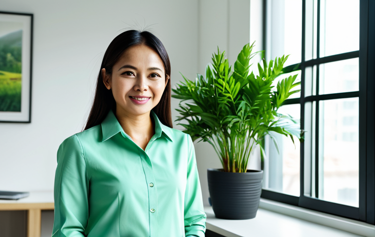 A serene Malaysian professional in a modest business casual outfit, standing in a bright, contemporary home office. They are gently observing a vibrant, well-tended potted plant with a calm, confident expression, symbolizing growth and long-term investment. Soft natural light streams through a large window, showing a blurred green outdoor view. The space is tidy with subtle elements of financial symbolism. Professional photography, perfect anatomy, correct proportions, natural pose, well-formed hands, proper finger count, natural body proportions, high detail, realistic, inviting atmosphere, safe for work, appropriate content, fully clothed, professional, family-friendly.