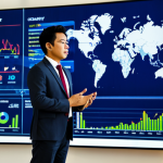 A professional Malay man in a modest business suit, standing confidently in a bright, modern office. In the background, large digital screens display world maps overlaid with stock market charts and diverse company logos from various continents, symbolizing global investment opportunities. He is looking towards the screen with an analytical expression, perfect anatomy, correct proportions, natural pose, well-formed hands, proper finger count, natural body proportions. The scene is well-lit, professional photography, high resolution, safe for work, appropriate content, fully clothed, professional dress, family-friendly.