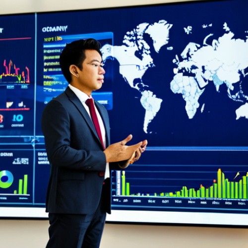 A professional Malay man in a modest business suit, standing confidently in a bright, modern office. In the background, large digital screens display world maps overlaid with stock market charts and diverse company logos from various continents, symbolizing global investment opportunities. He is looking towards the screen with an analytical expression, perfect anatomy, correct proportions, natural pose, well-formed hands, proper finger count, natural body proportions. The scene is well-lit, professional photography, high resolution, safe for work, appropriate content, fully clothed, professional dress, family-friendly.