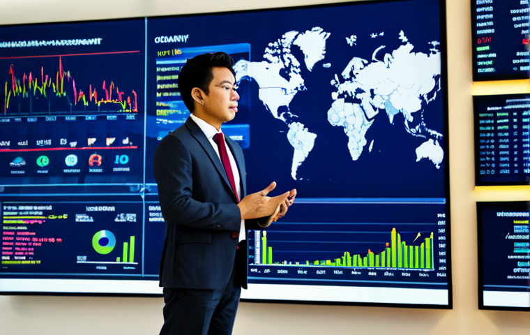 A professional Malay man in a modest business suit, standing confidently in a bright, modern office. In the background, large digital screens display world maps overlaid with stock market charts and diverse company logos from various continents, symbolizing global investment opportunities. He is looking towards the screen with an analytical expression, perfect anatomy, correct proportions, natural pose, well-formed hands, proper finger count, natural body proportions. The scene is well-lit, professional photography, high resolution, safe for work, appropriate content, fully clothed, professional dress, family-friendly.